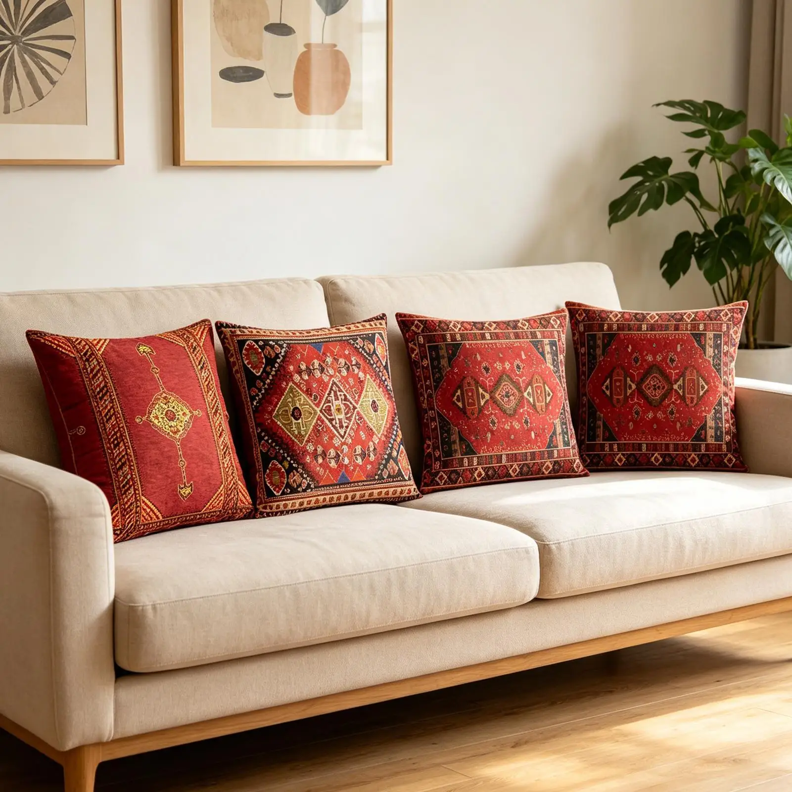 linen pillowcase four piece mandala graphic print cushion cover geometric border design sleeve applied to moroccan home sofa