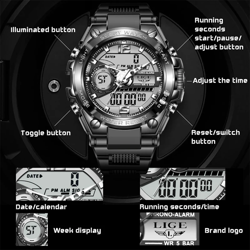 

LIGE лучший бренд военные часы для мужчин модные спортивные кварцевые наручные часы водостойкие светодиодные светящиеся цифровые мужские часы с датой Reloj
