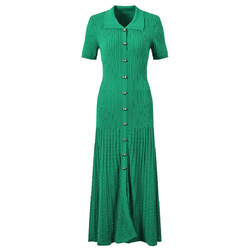 

Temperament Gold Button Slim Fit French Short Sleeved Green Long Knitted Dress Office Women's Dress