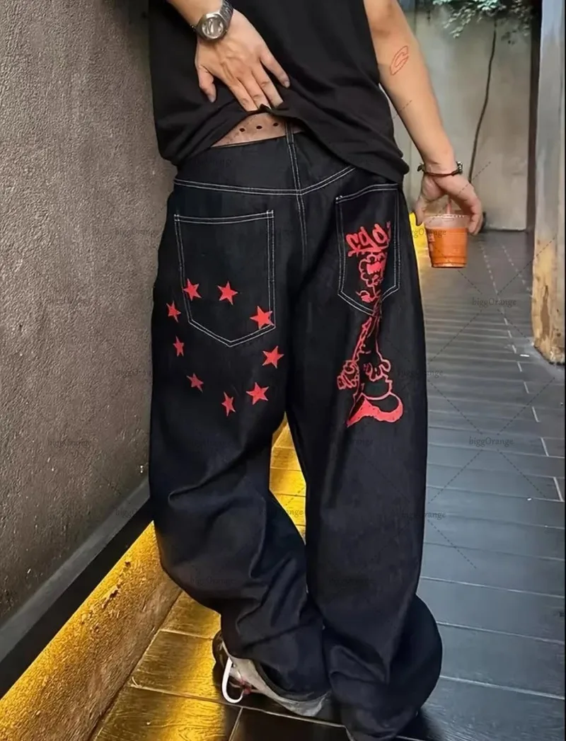 

American Street Hip-hop Fashion Cartoon Loose Jeans Men Y2K Harajuku Punk Retro Geometric Casual Straight Wide-leg Pants Women