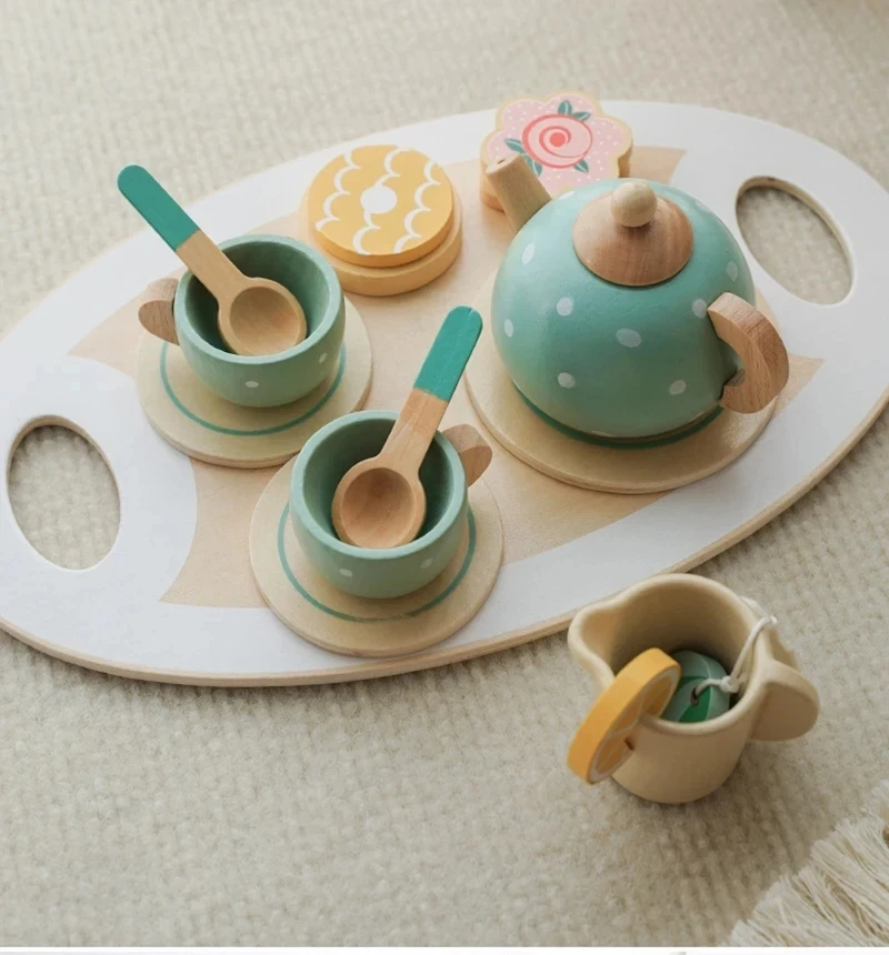 Wooden Afternoon Tea Set Toy Pretend Play Food Learning Role Play Game Early Educational Toys for Toddlers Girls Boys Kids Gifts