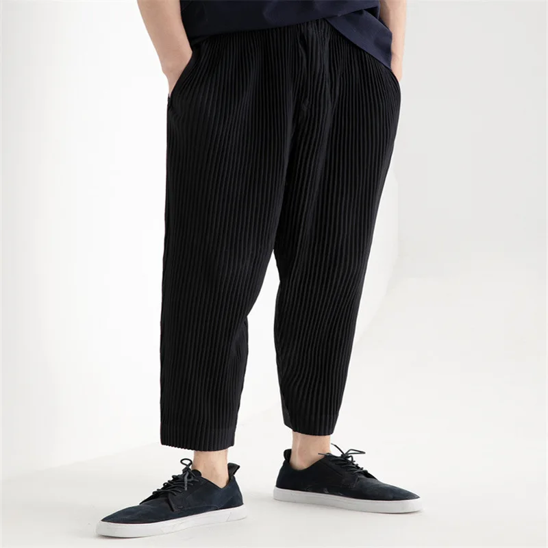 Miyake Pleated Nine-minute Pants Men's 2025 Summer Fold Casual Drape Tapered Drawstring Small Leg Pleat Casual Trousers
