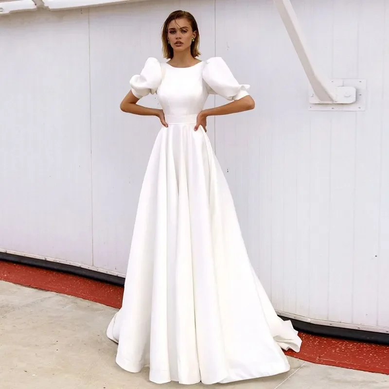 Einfaches Hochzeits kleid Strand kurz sexy rücken frei Rundhals ausschnitt Puff ärmel A-Linie Brautkleid Prinzessin neue vestido de novia