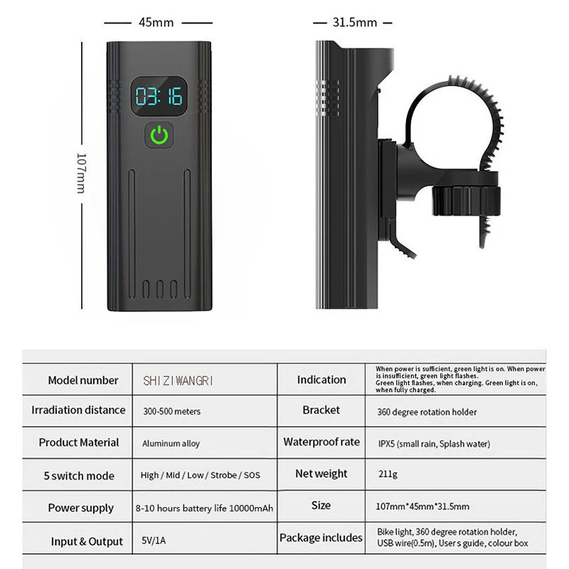 10000mAh 8 LED Bike Light Waterproof USB Rechargeable LED Bicycle Light Flashlight and Headlamp as power Bank