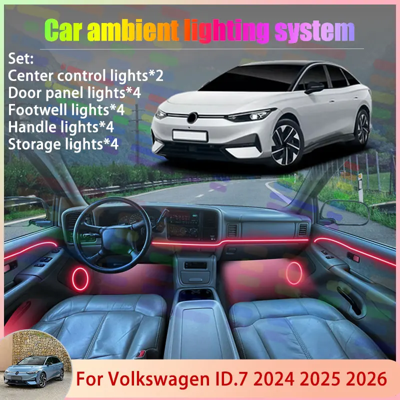 

Для Volkswagen VW ID.7 ID7 ID 7 2024 2025 2026 2/18 в 1, автомобильная атмосферная лампа, RGB абажур, ансамбль, стример, атмосферный набор