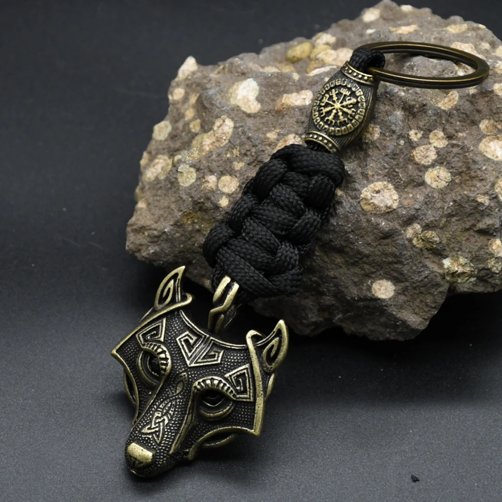 Nordic Mythology Wolf Head Keychain Men\'s Retro Handmade Survival Rope Lanyard Pendant Keyring Vikings Runes Vegvisir Jewelry