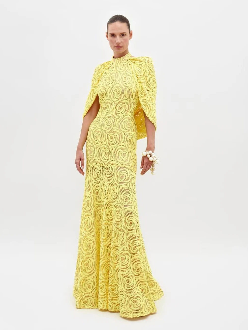 Modphy 2026 New Banquet Evening Party Standing Collar Shawl Elegant Slimming Yellow Lace Dress Fashion Long Dress for Women