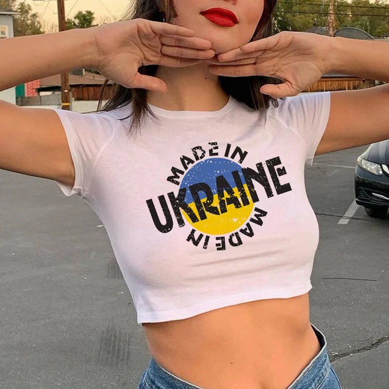 

Ukraini Ukraine Flag t-shirt women Korea harajuku kawaii aesthetic t shirt crop top white t shirt