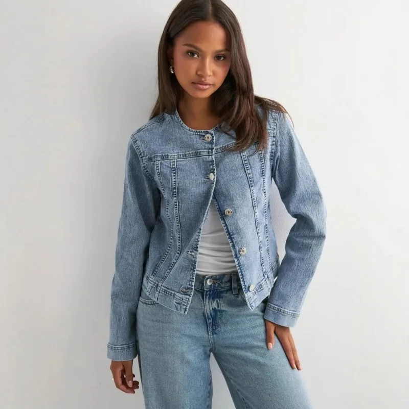 2026 ربيع الخريف الصناعة الثقيلة غسلها الدنيم سترة المرأة عادية قصيرة جان معطف س الرقبة ضئيلة المتعثرة Chaqueta ملابس خارجية