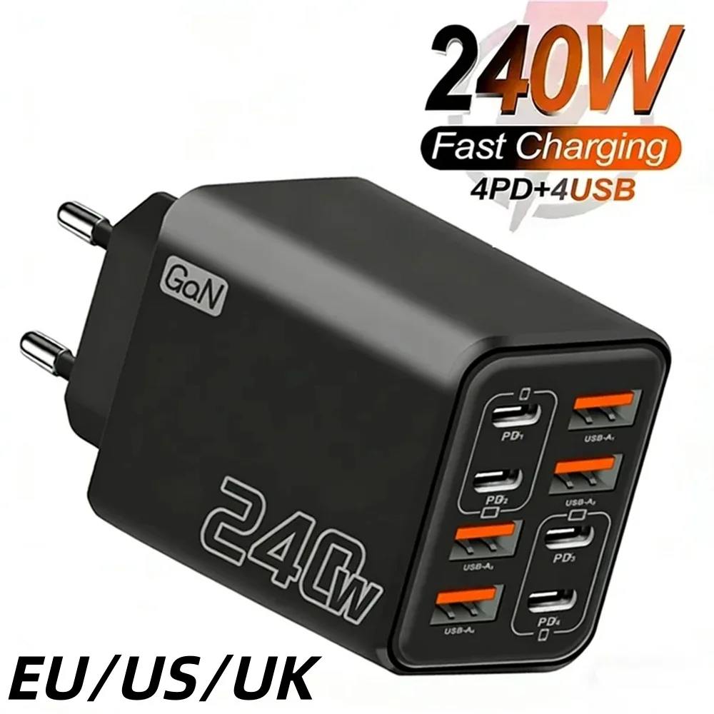 Image of 8-in-1 GaN Desktop USB-Ladegerät 240W PD 4PD 4USB für iPhone 16 15 17 Pro Samsung Xiaomi EU US UK Stecker Schnelllade-Netzadapter