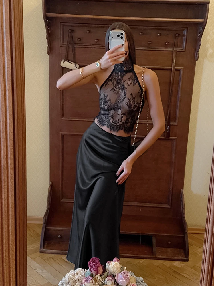 

Spring Perspective Lace Vest Set Suit Women Halter Neck Sleeveless Vest Tops+high Waist Knee Length Skirt Autumn Two Piece Set