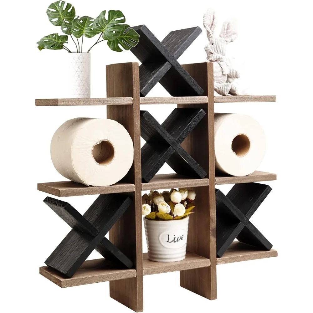 

Handcrafted Tic Tac Toe Wall-Mounted Toilet Paper Holder with Wooden X's and Storage Shelf