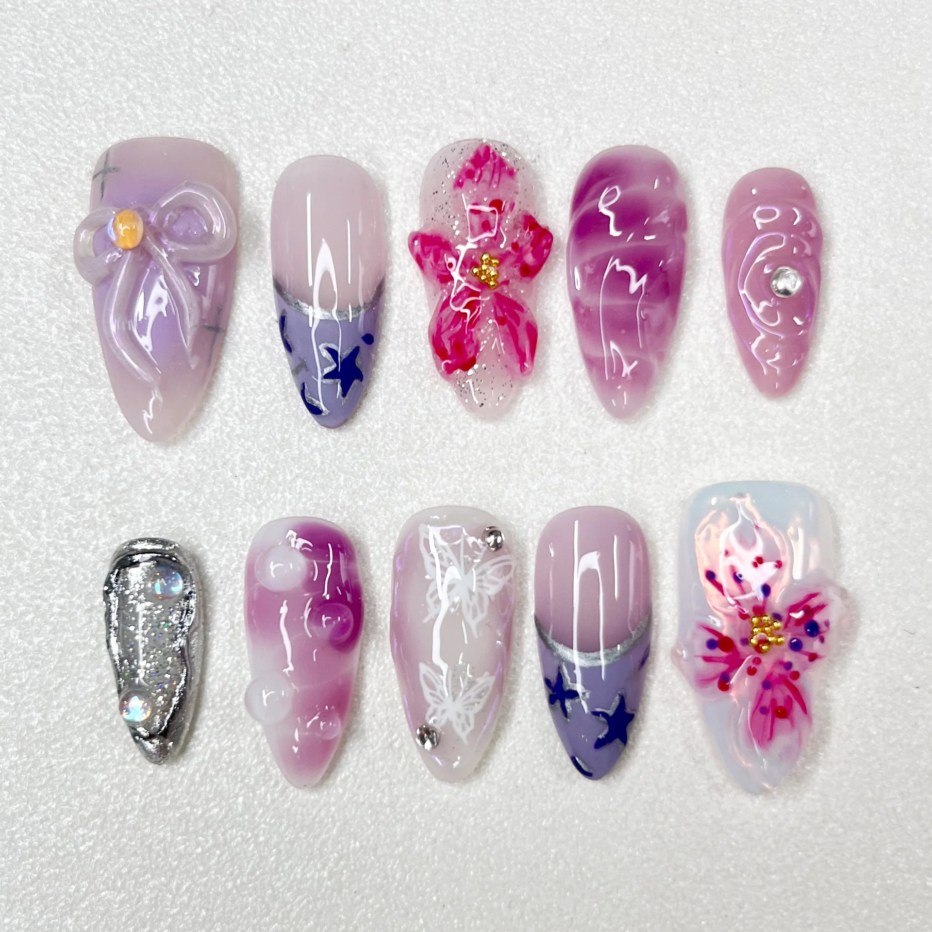

3D Handmade Fake Nail Floral Relief Series Nail Art Bow Style Almond Length Nail Art Ornaments Hand Painted Series