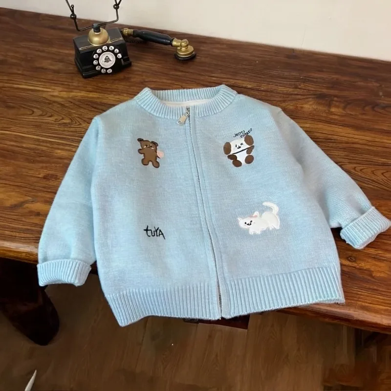 UNITIM Herbst Kinder Mädchen Reißverschluss-Pullover Mantel 2-8 Jahre Baby Mädchen Cartoon Stickerei Strickjacke Kinder Mädchen Blaue Strickwaren – Detail 2