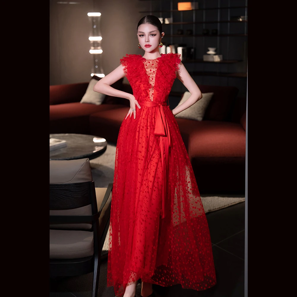 

Meyyithun Red Embroidery Lace Dots Evening Dress for Women Long Tulle Flocking Birthday Party Vestido 1117M05