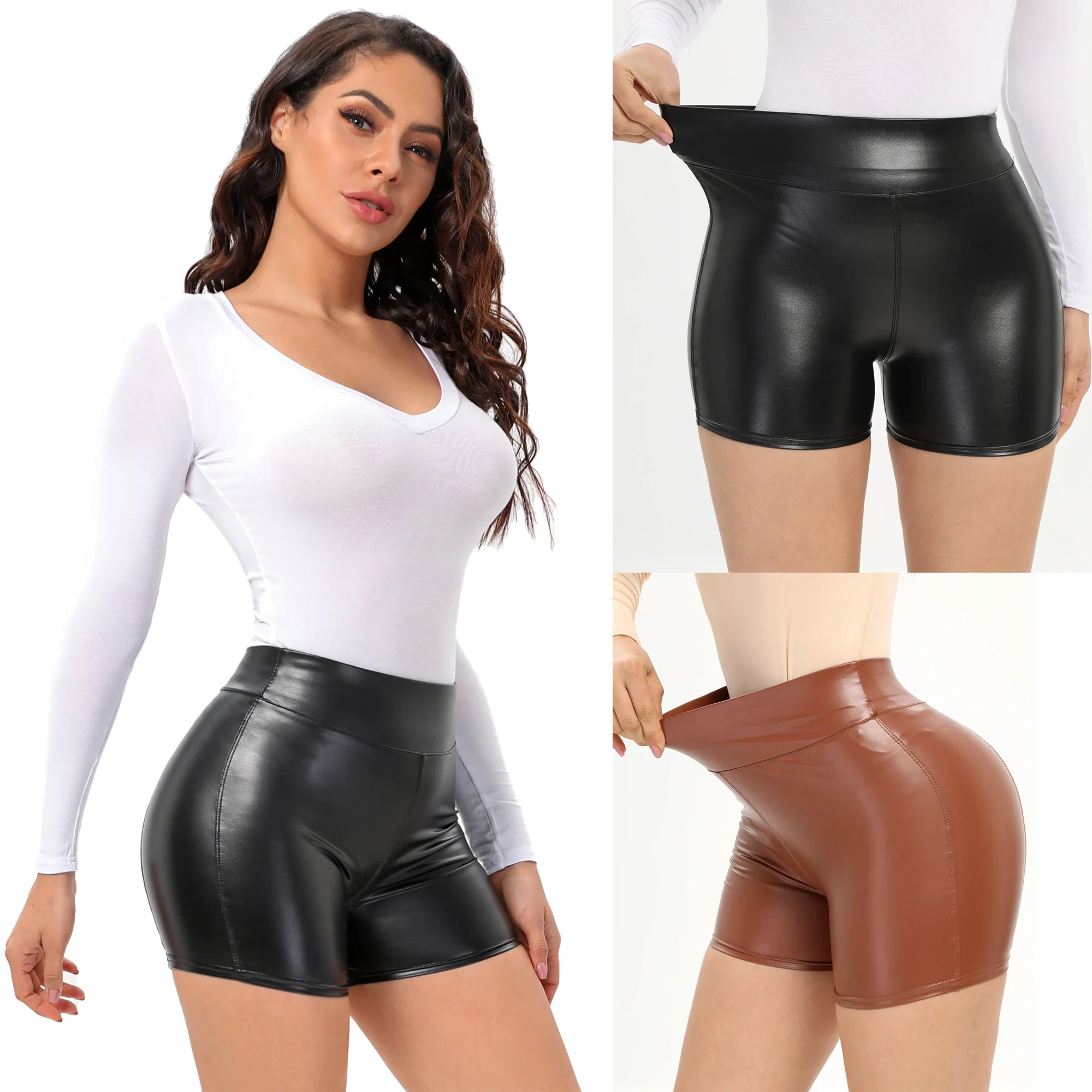 Sexy Women PU Leather Biker Shorts Outdoor Skinny Stretchy Tights Hot Pants High Waist Casual Summer Short Pant Nightclub Wear