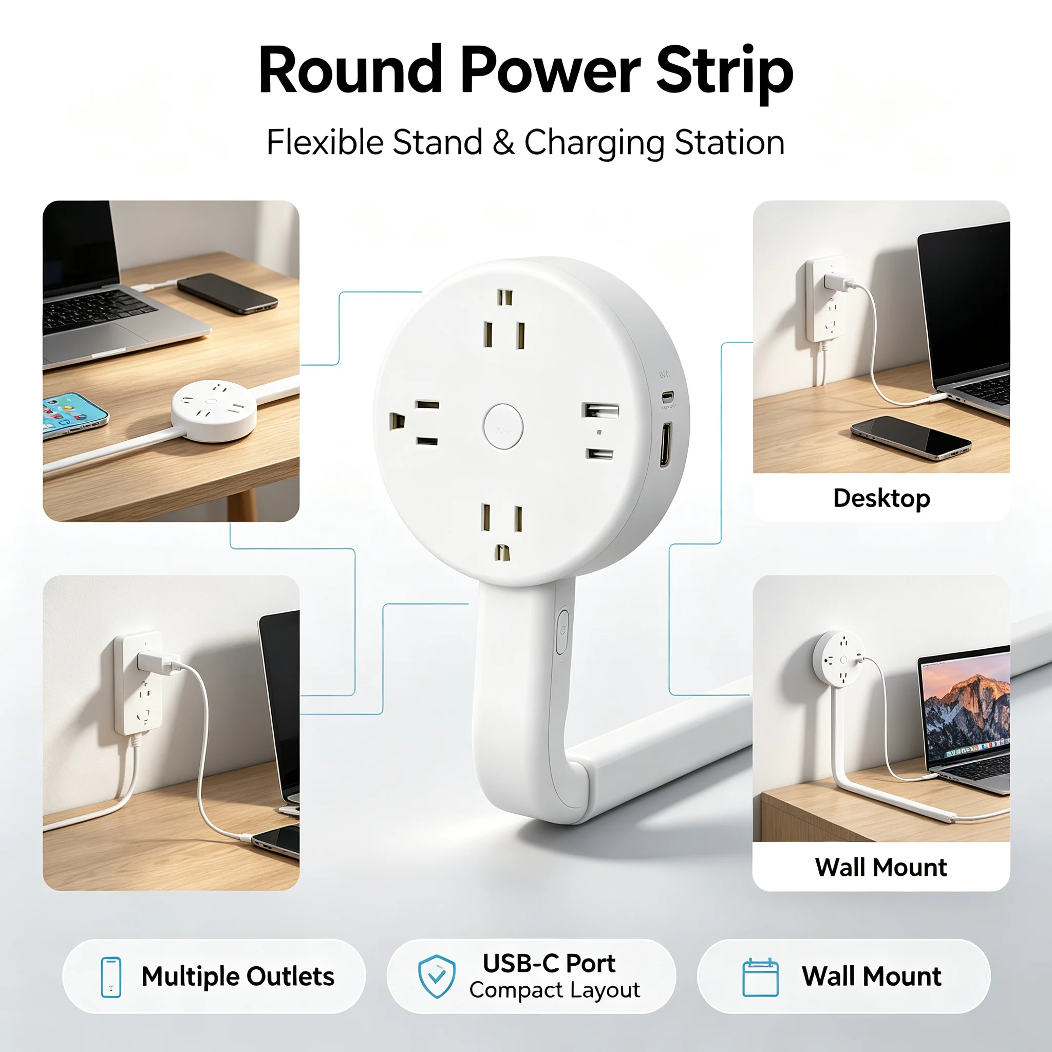 Rotatable Electrical Wall Plug Extender with Adjustable Length Multi-Outlet Power Socket Adapter Space-Saving
