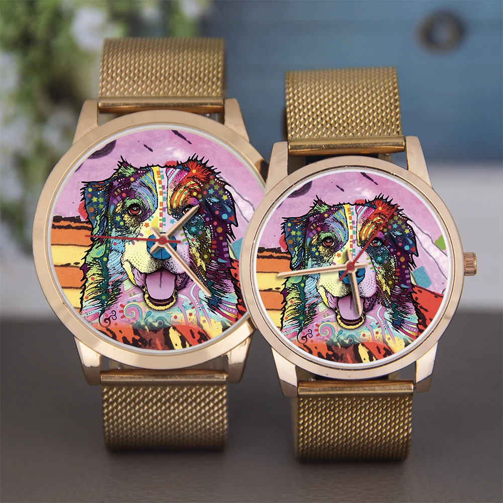 Jam Tangan Souvenir Hitam Rose Gold Custom 45/38 mm Universal untuk Pria dan Wanita, Jam Quartz Desain Anjing, Gelang Perak, Hadiah Jam