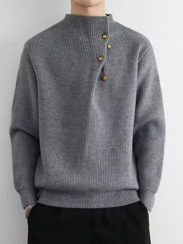 

Loose Knitted High Collar Sweater Button Design Casual Vintage Sle Winter Base Layer irt Lazy Sle Outerwear for Men