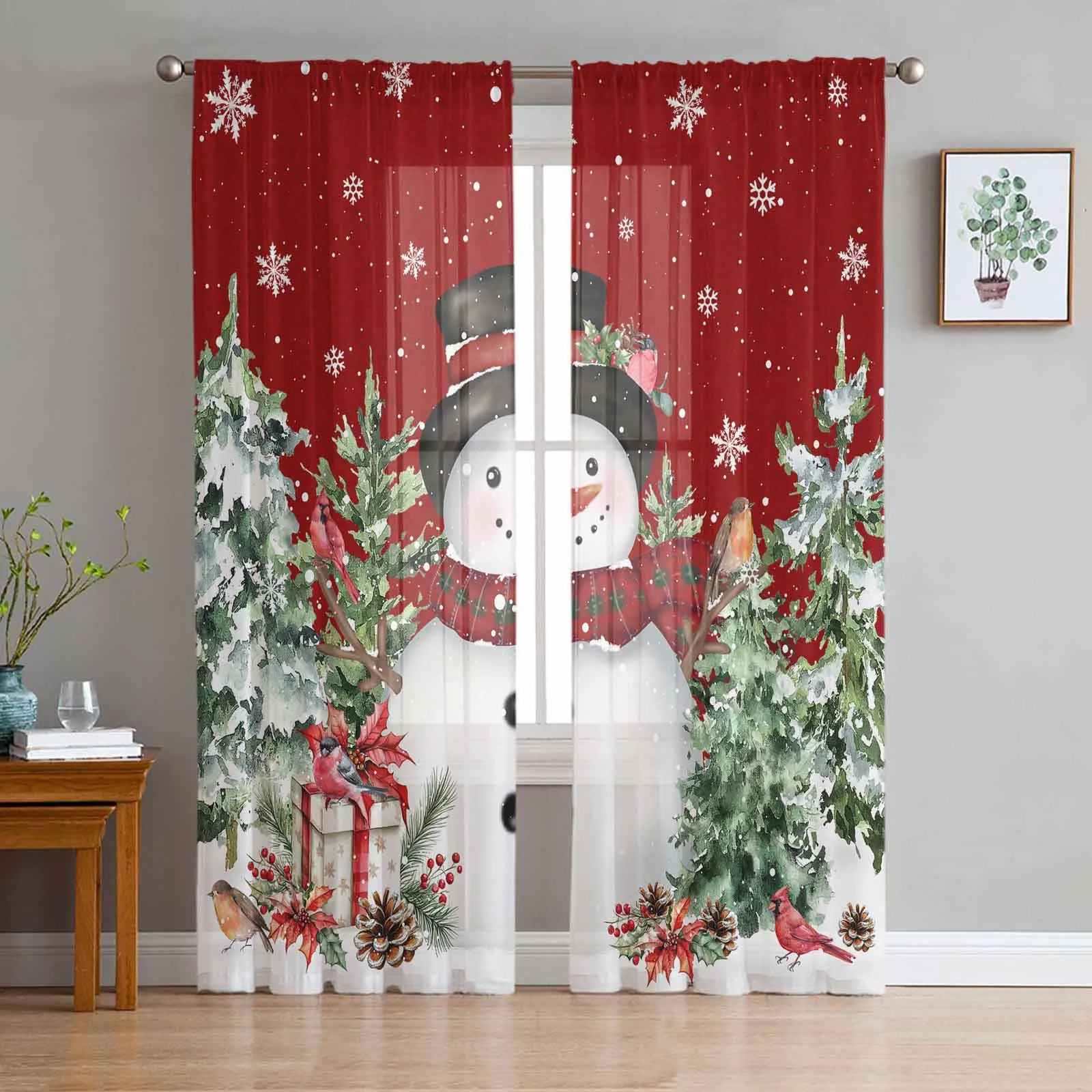 

Christmas Snow Robin Snowman Tulle Curtains for Living Room Decoration Modern Chiffon Sheer Voile Christmas Curtains