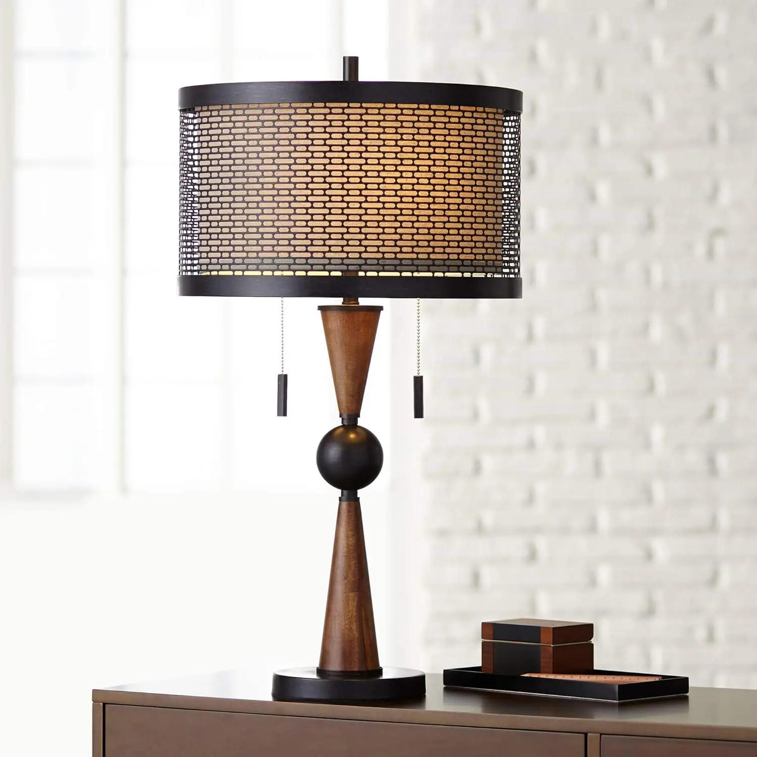 

Works Hunter Rustic Farmhouse Table Lamp 29 3/4" Tall Cherry Wood Bronze Metal Outer Tan Fabric Inner Drum Shade for