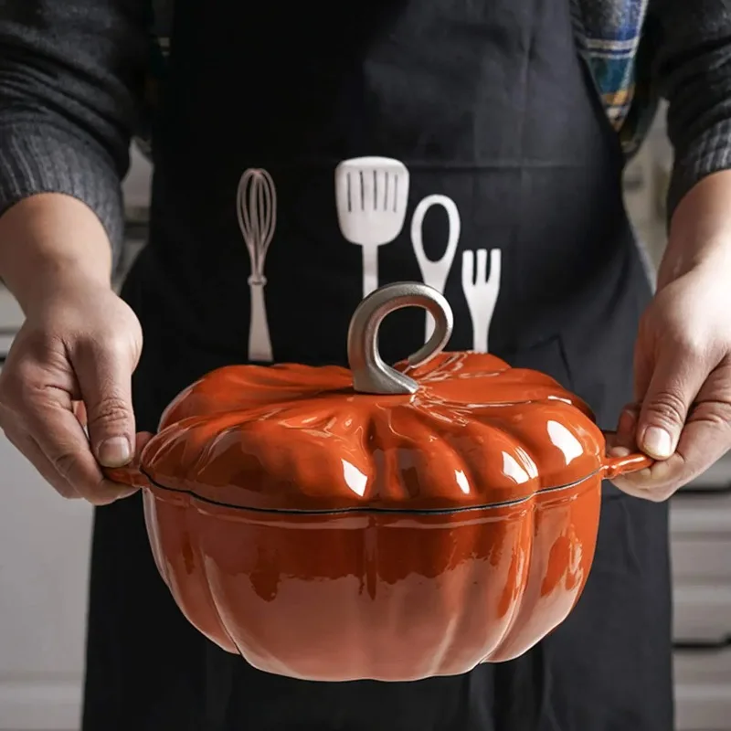 Enameled Pumpkin Cast Iron Dutch Oven 3.7L Enamel Coated Stewpan NonStick Enamel Pot Casserole Dish 9.8inch for All Heat Source