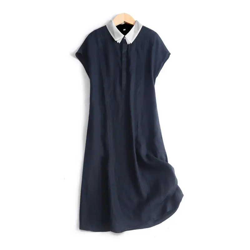 قميص بياقة أطفال على طراز الغابة فستان طويل من القطن والكتان بأكمام قصيرة