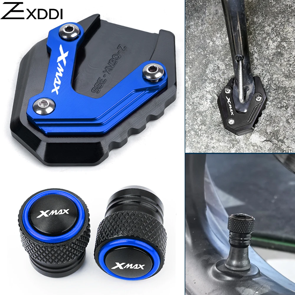 

For YAMAHA XMAX300 xmax 300 XMAX400 XMAX 125 250 300 400 CNC Motorcycle Enlarged Plate Side Stand Foot Kickstand Tire Valve Caps
