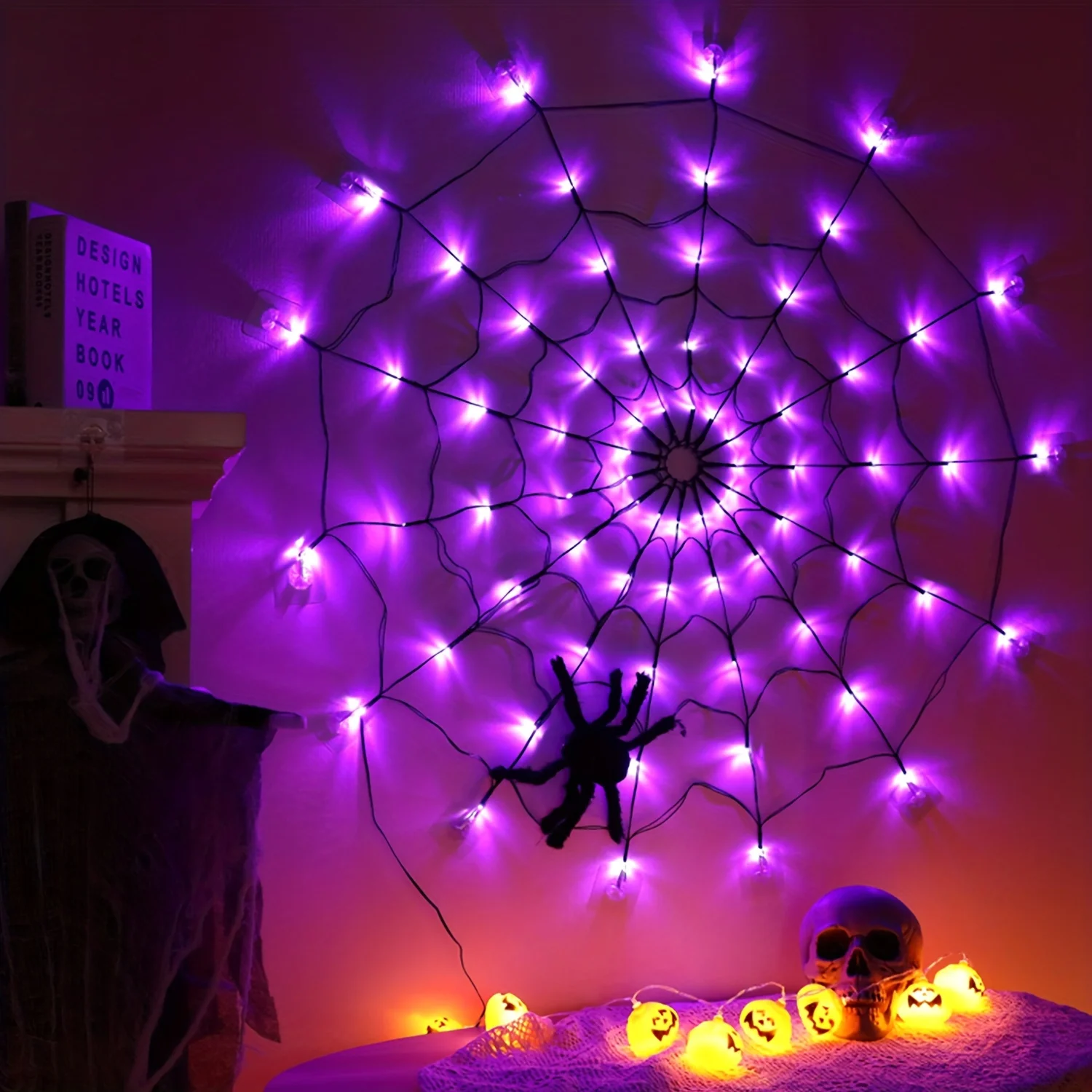 100cm halloween aranha web luzes usb 8 modos decoração assustadora guirlanda luzes de rede de parede aranha web decoração da parede luz ambiente