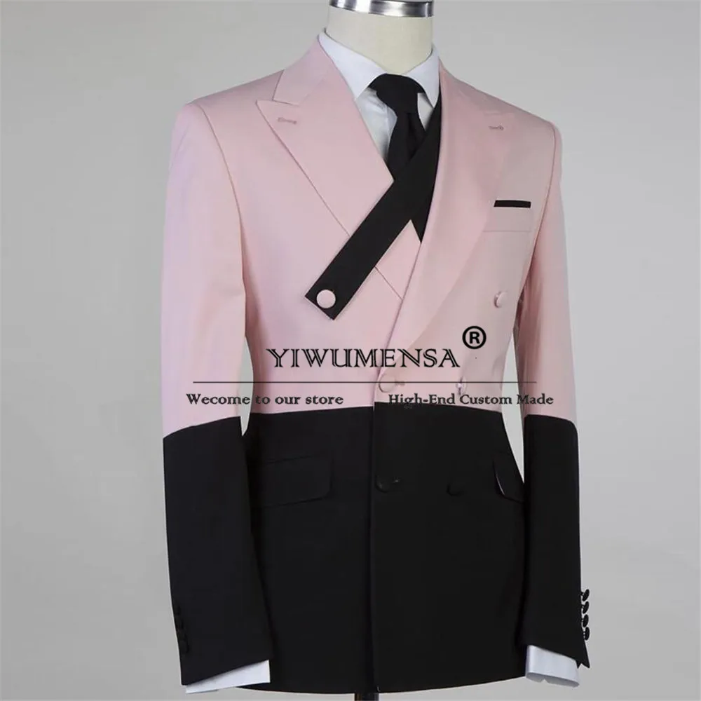 Unique Pink Black Splicing Groom Wedding Suits Double Breasted Jacket Pants 2 Pieces Groom Tuxedos Man Fashion Prom Blazer Sets