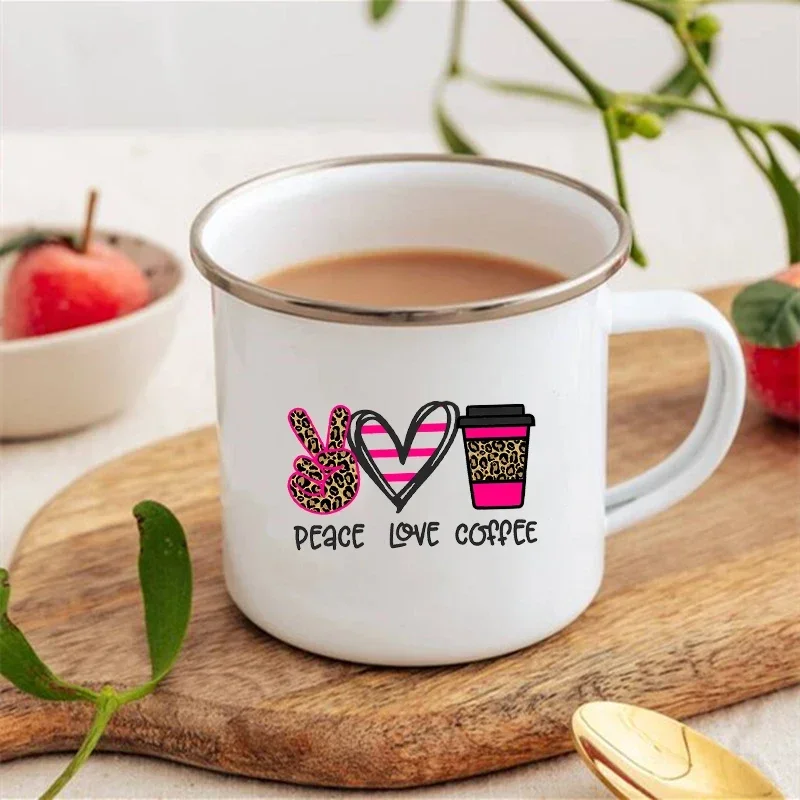 Creative Vintage Coffee Cups Peace Love Coffee Print Enamel Mugs Drinks Dessert Water Milk Cup Camping Mug Handle Drinkware Gift