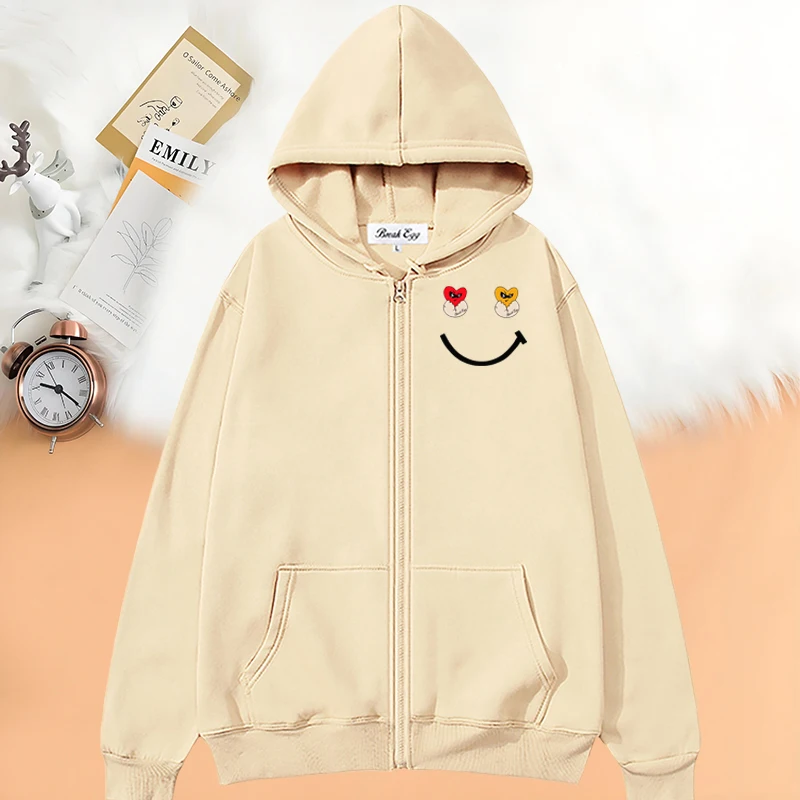 

Eggshell Glasses Love Smiling Face Printing Women Zipper Hoodie Polyester Pocket Loose Thin Spring Autumn Sports Leisure Sweater