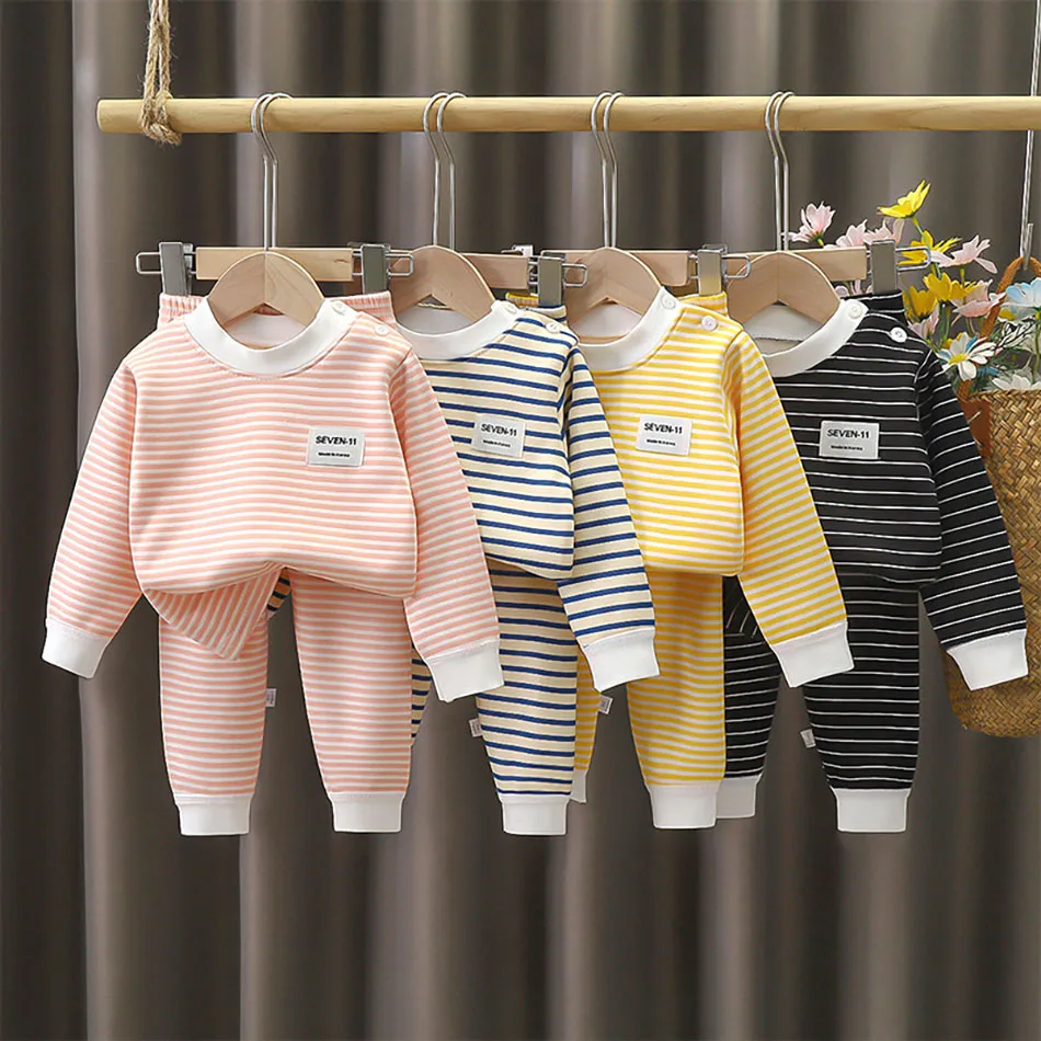 Baby Warm Clothing Set Fleece Lined Children Boys Girls Striped Underwear Sleepwear Set Ideal for Home Pajamas Autumn Winter