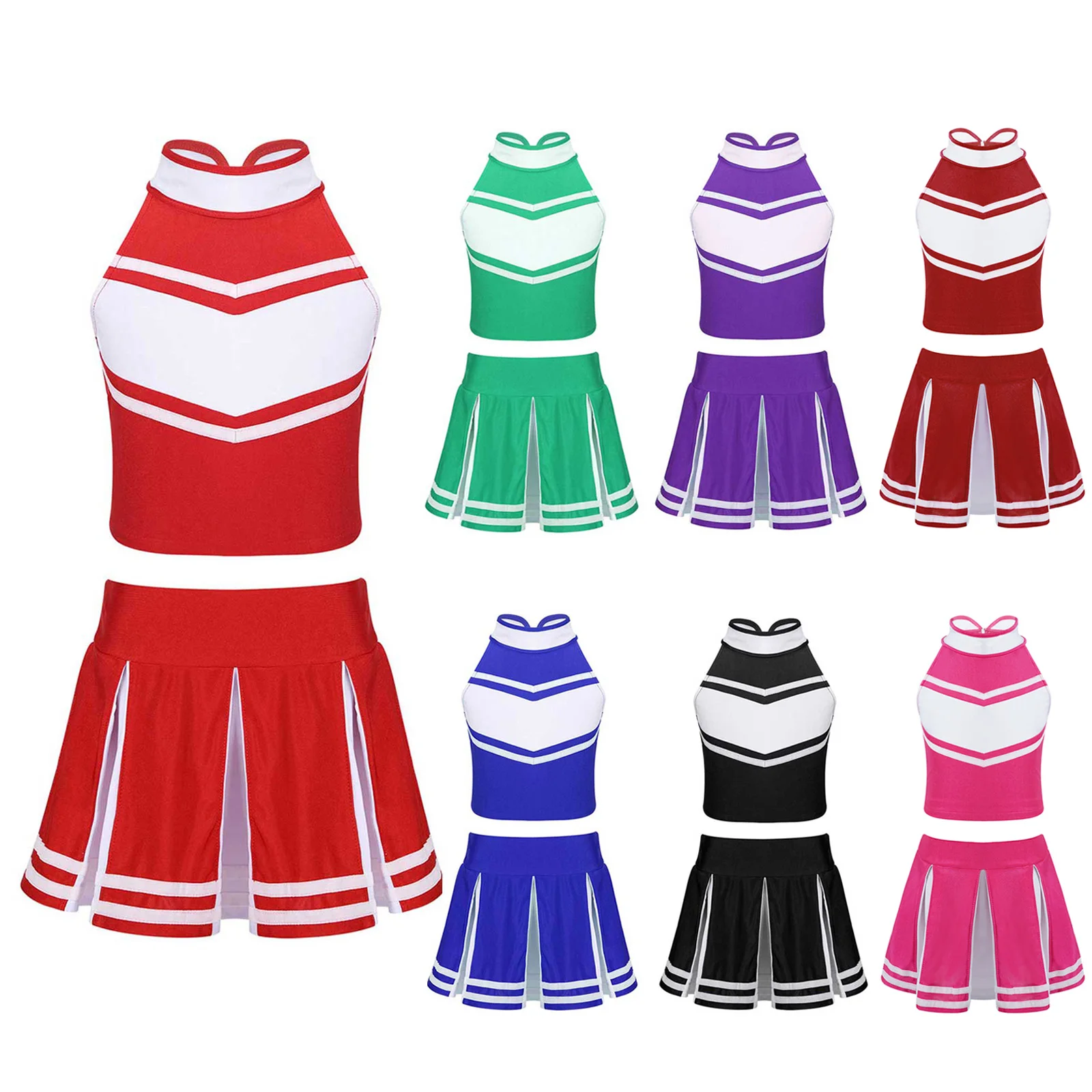 Traje de actuación de equipo de animación para niñas, Tops sin mangas con cremallera, conjunto de Falda plisada para Cosplay de escenario escolar