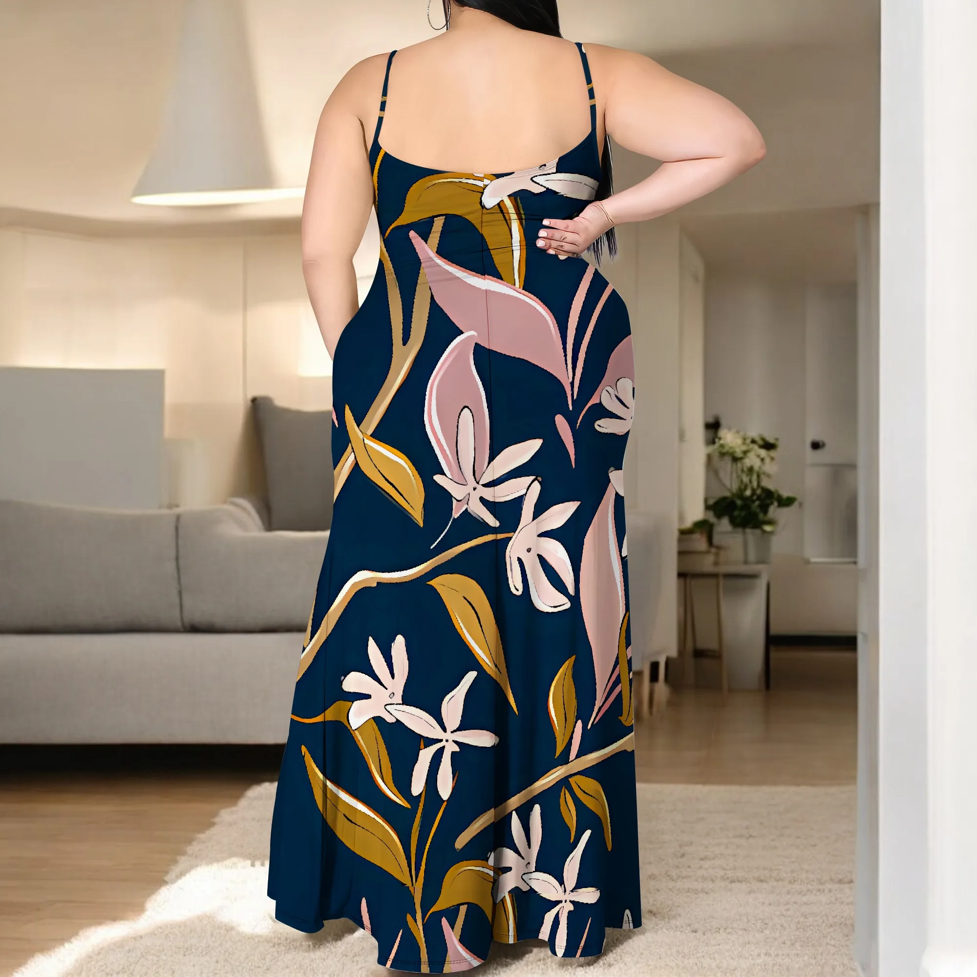 Plus Size Printed Maxi Dress Spaghetti Strap Summer Elegant Floral Long Dress for Beach Vacation