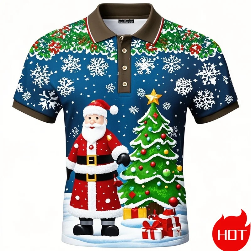 2025 New Santa Claus Christmas Tree 3D Printed Polo Shirts For Men Clothes Harajuku Fashion Man Streetwear Xmas Boy Short Sleeve