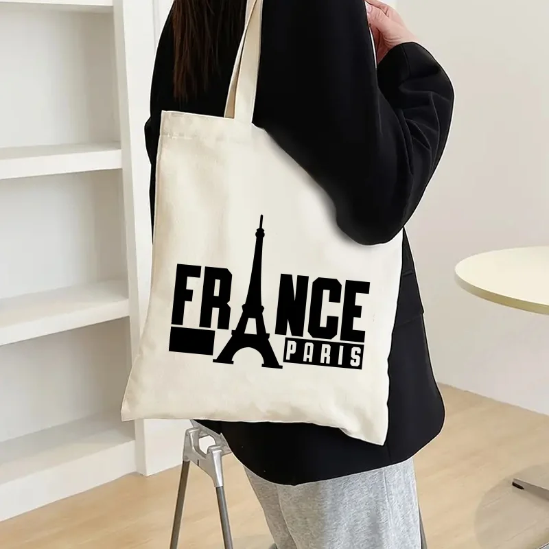 Aesthetic Paris Letter Print Canvas Tote Bag Women French Style Shoulder Bag Fashion Graphic Shopper Bag Casual Handbag