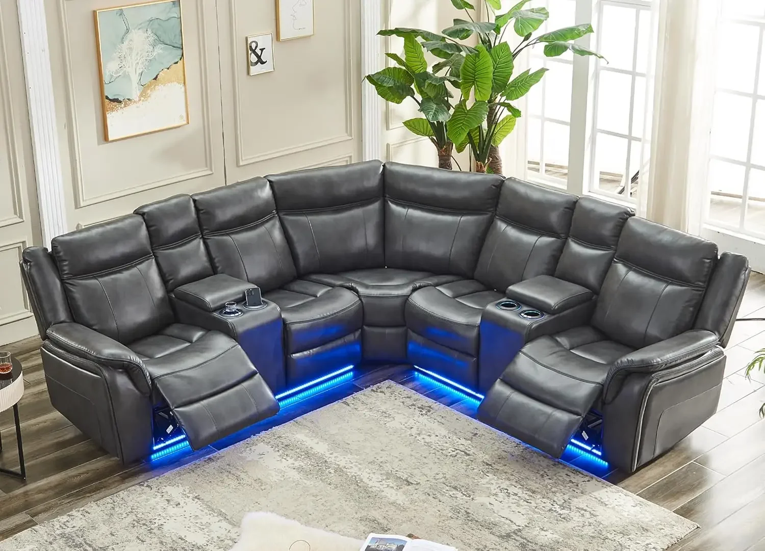 Power Recliner Sectional Sofa Couches with LED Light for Living Room, Faux Leather Reclining Corner Sectionals Couch Sets