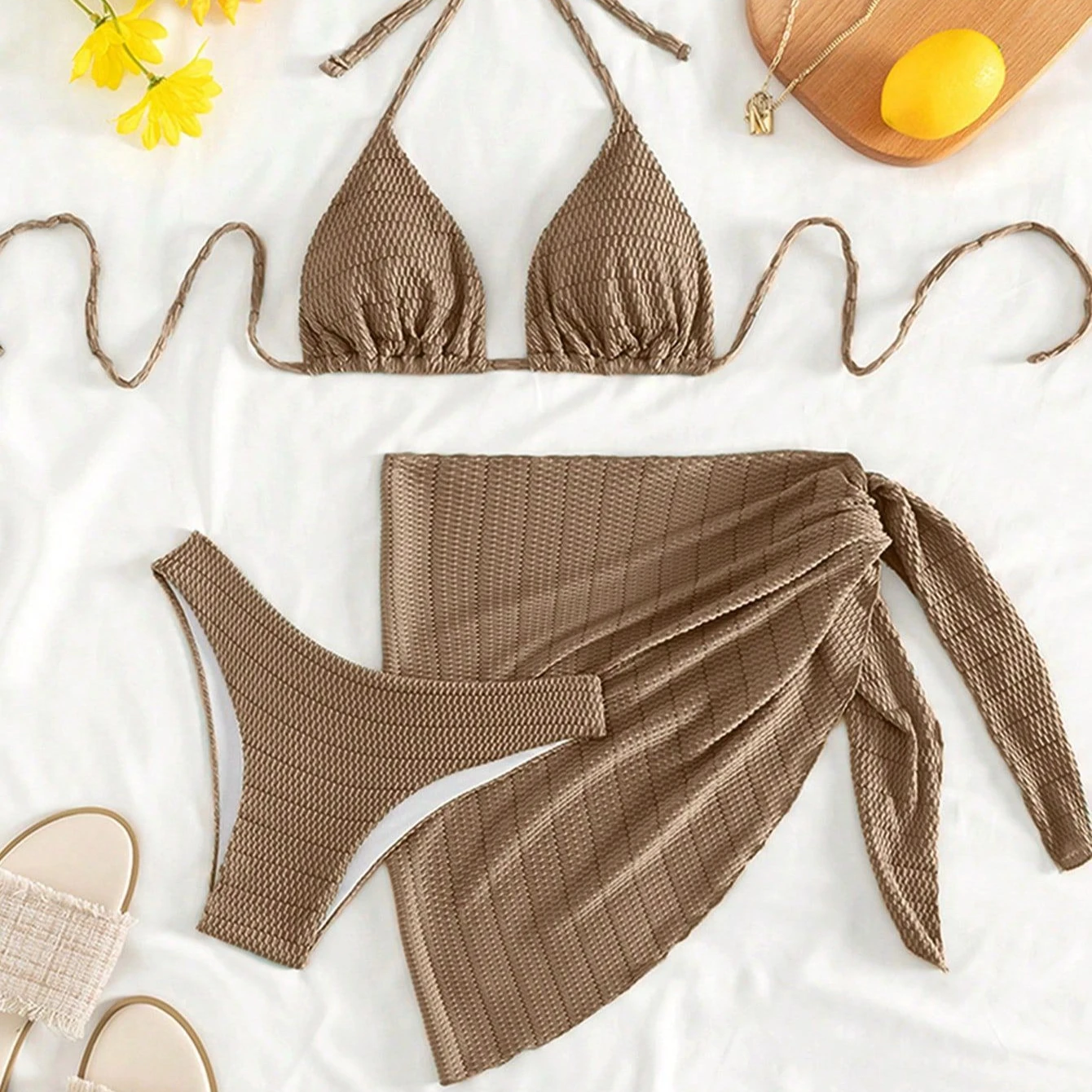 

2026 Сексуальный коричневый комплект бикини для женщин с лямкой на шее, бюстгальтер пуш-ап, юбка, купальник из 3 предметов, купальный костюм, женские накидки, стринги, купальник Biquini