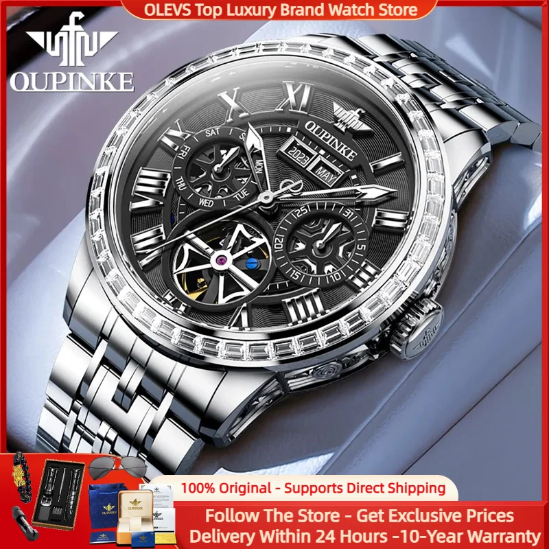 Oupinke echte Herren uhren Diamant Lünette High-End automatische mechanische Uhr für Herren multifunktion ale Herren Armbanduhren