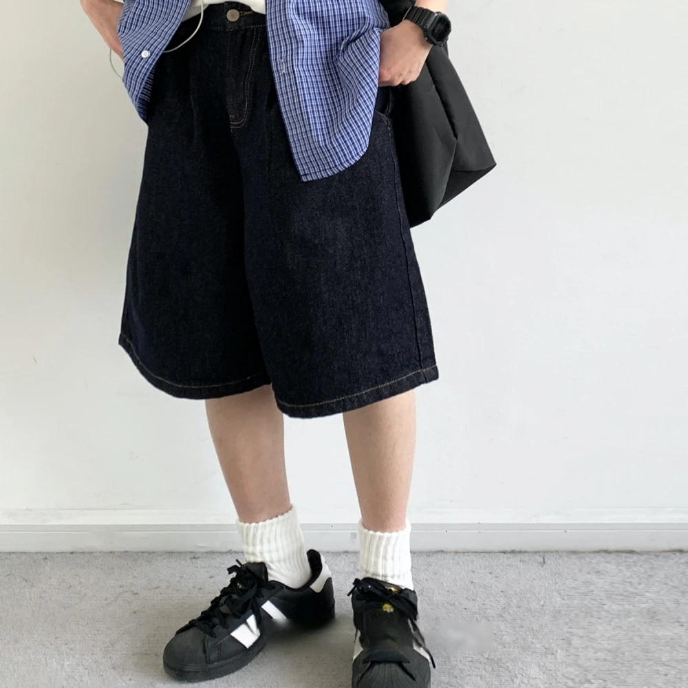Japanese Vintage Summer Denim Shorts Men Women Loose Fit Casual Blue Mid-Length Streetwear Trendy Basic High Quality Jeans