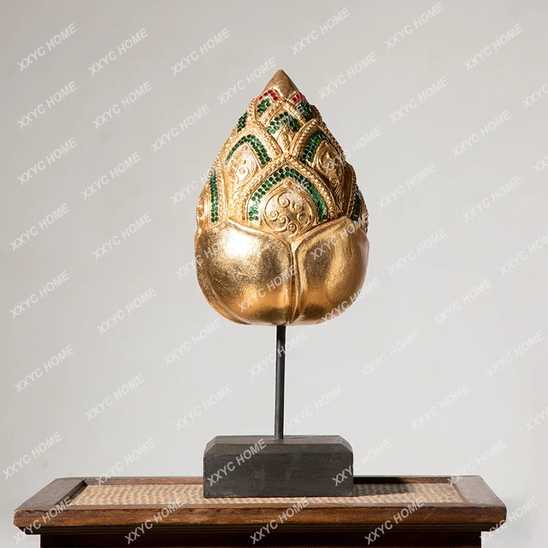 Solid Wood Handicrafts Southeast Asia Home Living Room Club Hotel Decoration Gold Foil Lotus Ornaments