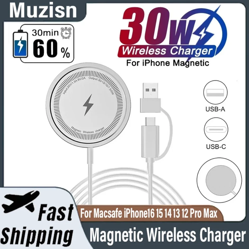 30W Mini Fast Wireless Charging Dock Magnetic Wireless Charger Pad Station Chargers For Macsafe iPhone16 15 14 13 12 Pro Max