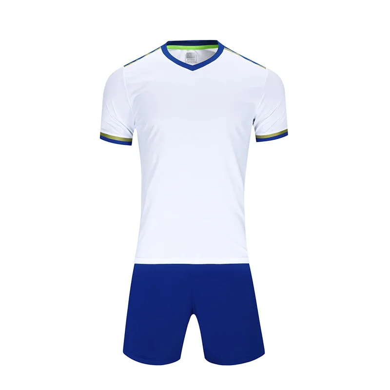 

New Season Adult Summer Training V Neck Soccer Jersey Short Set Short Sleeve White Top Navy Down with Side Pockets Sports Kits