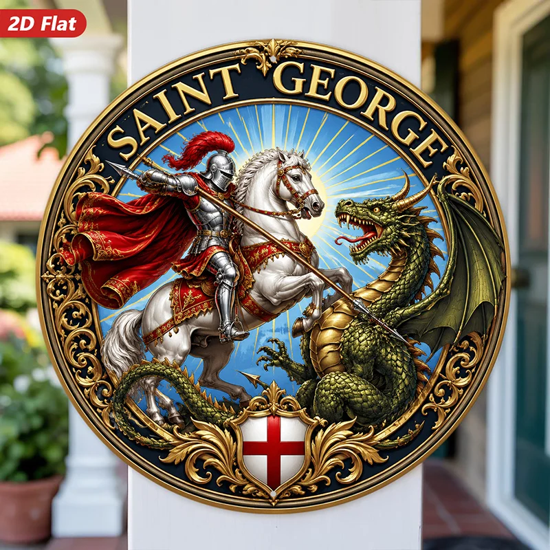 2D Flat, Round Metal Aluminum Sign Wall Art, Medieval Knight Theme Home Decor, Featuring Saint George on Horseback, Dragon