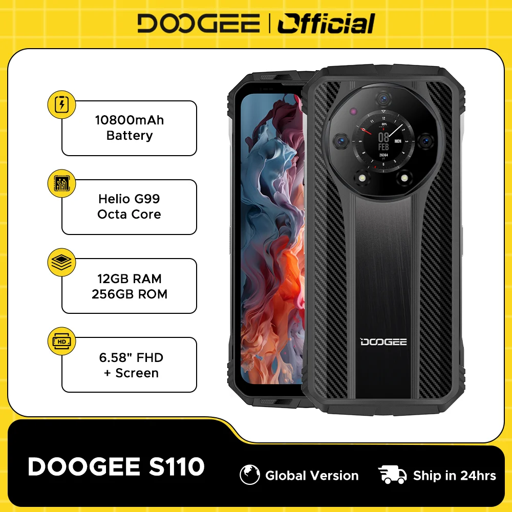 العالم Premiere DOOGEE S110 هاتف متين 6.58 بوصة FHD شاشة Waterdrop Helio G99 ثماني النواة 66 واط شحن سريع هاتف بطارية 10800 مللي أمبير في الساعة