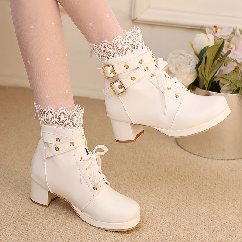 

New 2025 Autumn/winter Lace Sweet Princess Short Boots Lolita Girls' Thick-heeled Short Boots Lolita Shoes