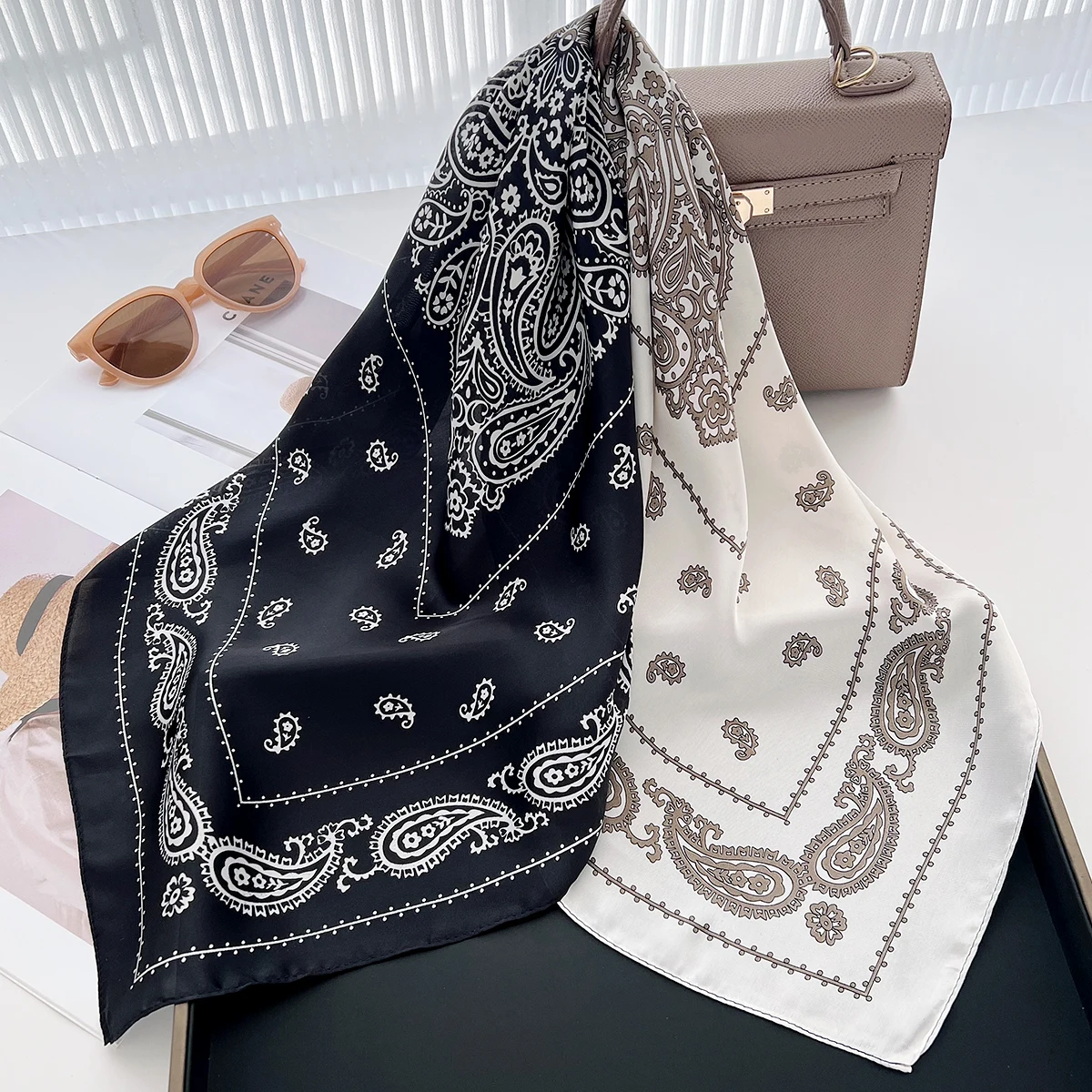 2024 Spring/Summer Leisure Neckerchief 70*70cm Splicing Square Scarf Imitation Silk Bandannas Women’s Cashew Fashion Print Shawl