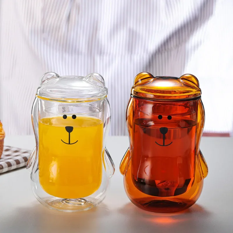 250ML Cute Cartoon Coffee Cup With Lid Transparent Double Gift Personalized Amber Bear Glass Mug Creative