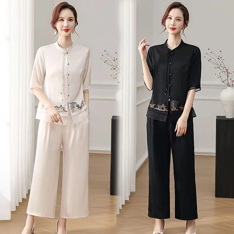 2024 Summer New Mid-Sleeve Chiffon Shirt Top Suit Women National Style Stand Collar Short-Sleeve Elegant Lady Chic Two-Piece Set